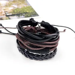 4Pcs Set Vintage Punk Black Wrap Woven Leather Bracelets for Men Women Personality Handmade Hip Hop Rock Bangle Jewelry Gift