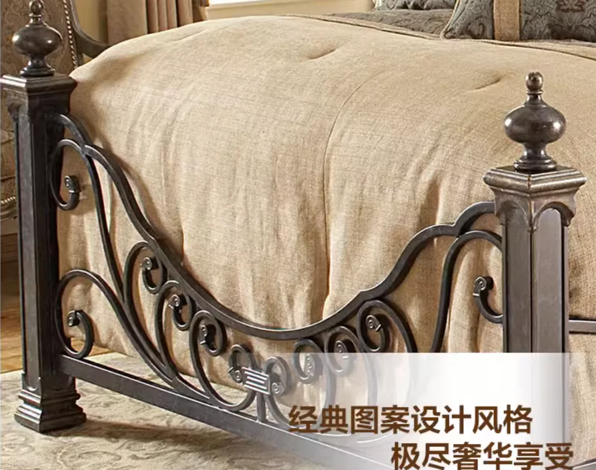 High-grade European wrought iron bed Master Bedroom Double bed 1.8m steel wood bed Iron bed classic