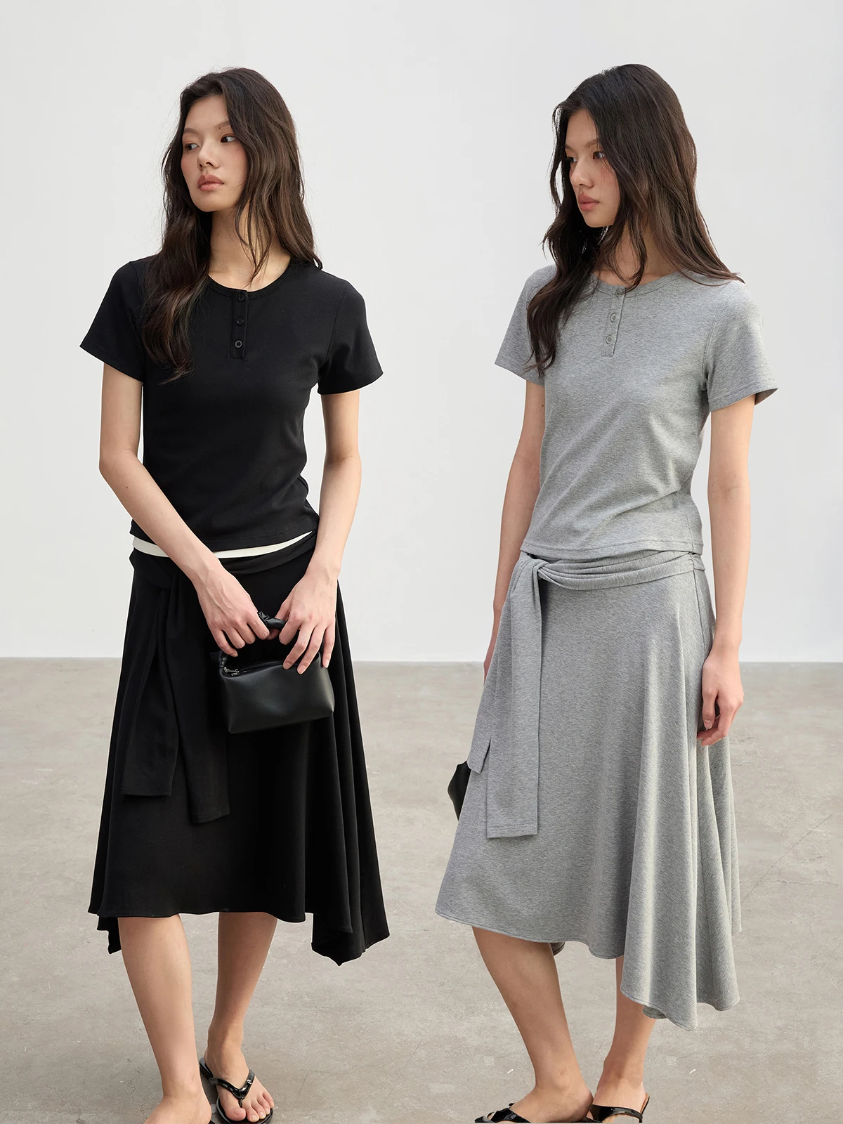 

JUSLIN Spring 2026 Women's Faion Set High nce Versatile Henry Collar ort Sve Top with Knot Skirt Asymmetrical