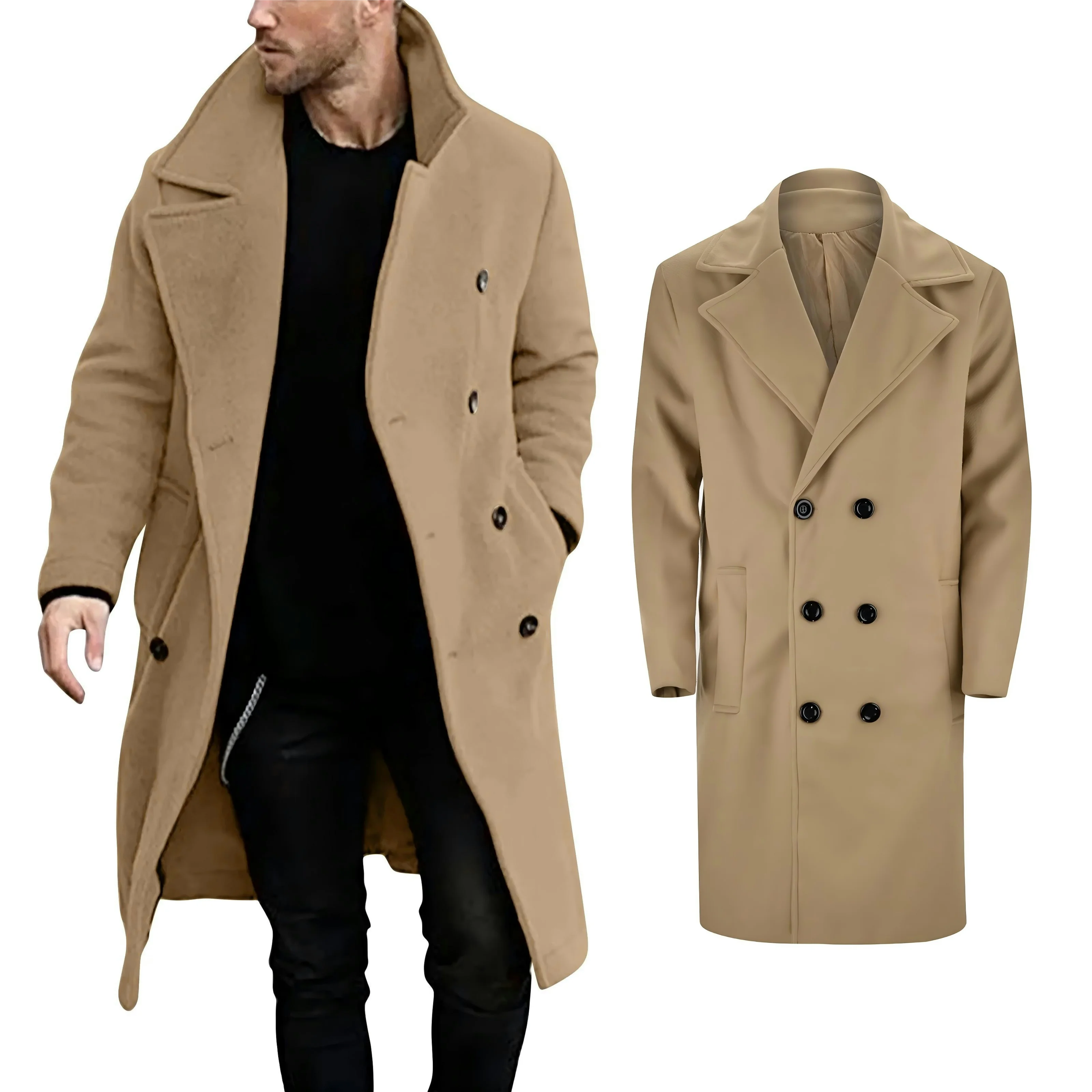 Trench doppiopetto da uomo 2024 Autunno Inverno misto lana Giacca da cappotto maschile in tinta unita moda casual slim fit di alta qualità