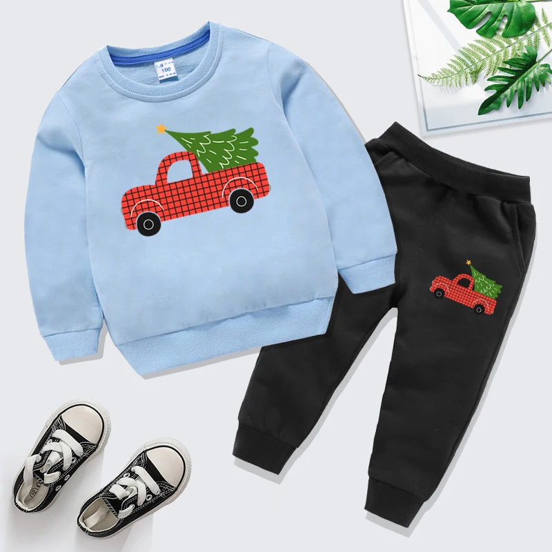 Farm Truck Christmas Tree Print Children's Tracksuit Set Cartoon Long Sleeve Sweatshirt and Pants 2 Pc Sets Boys Girls Xmas Gift