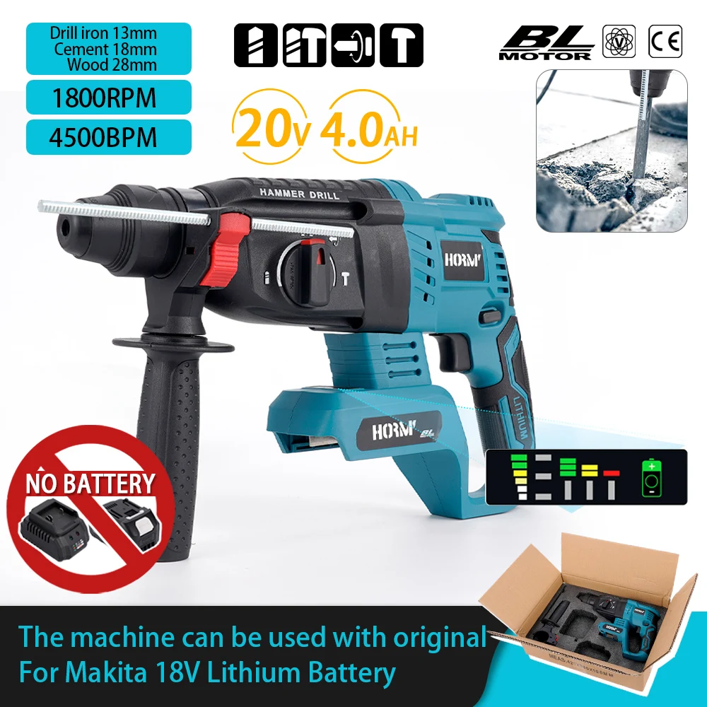 

20V 1800rpm Brushless Electric Hammer Impact Drill Multifunctional Rotary Cordless Rechargeable Power Tools For Makita Battery