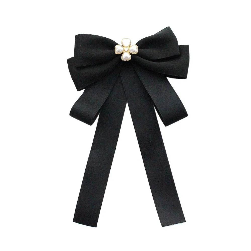 Sparkling Rhinestones Black Ribbon Pin Beads Pearl Black Bow Necktie Love Heart Multi-layer Ribbon Badge Brooch Mourning