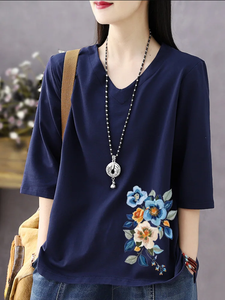 

Loose Fit Pure Cotton V-Neck Top Women's Autumn Winter Spring Fashion Artistic Style Seven-Quarter Sleeve Chicken Heart Neck ...