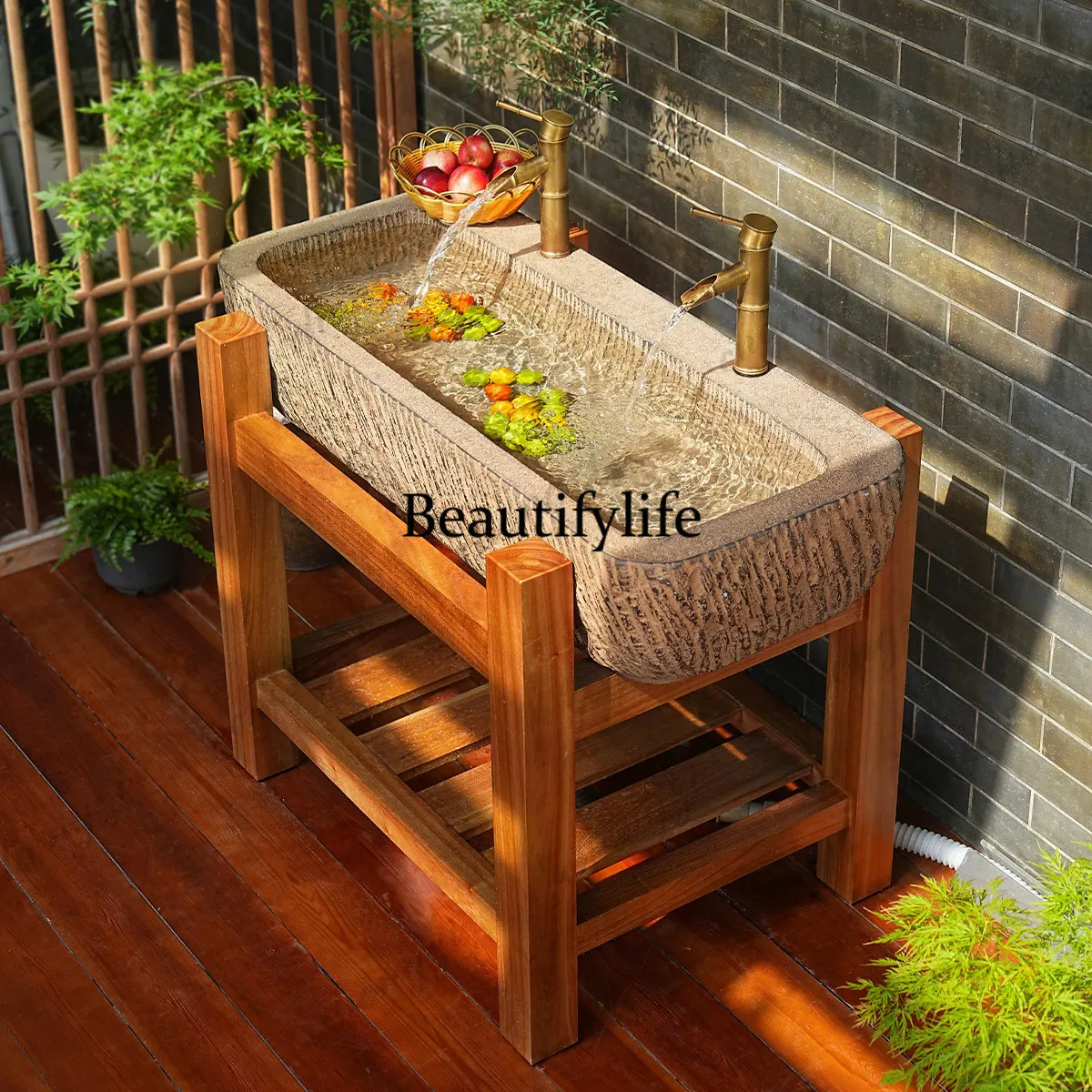 Outdoor courtyard imitation stone trough wash basin, double dragon head large sink wash basin integrated basin