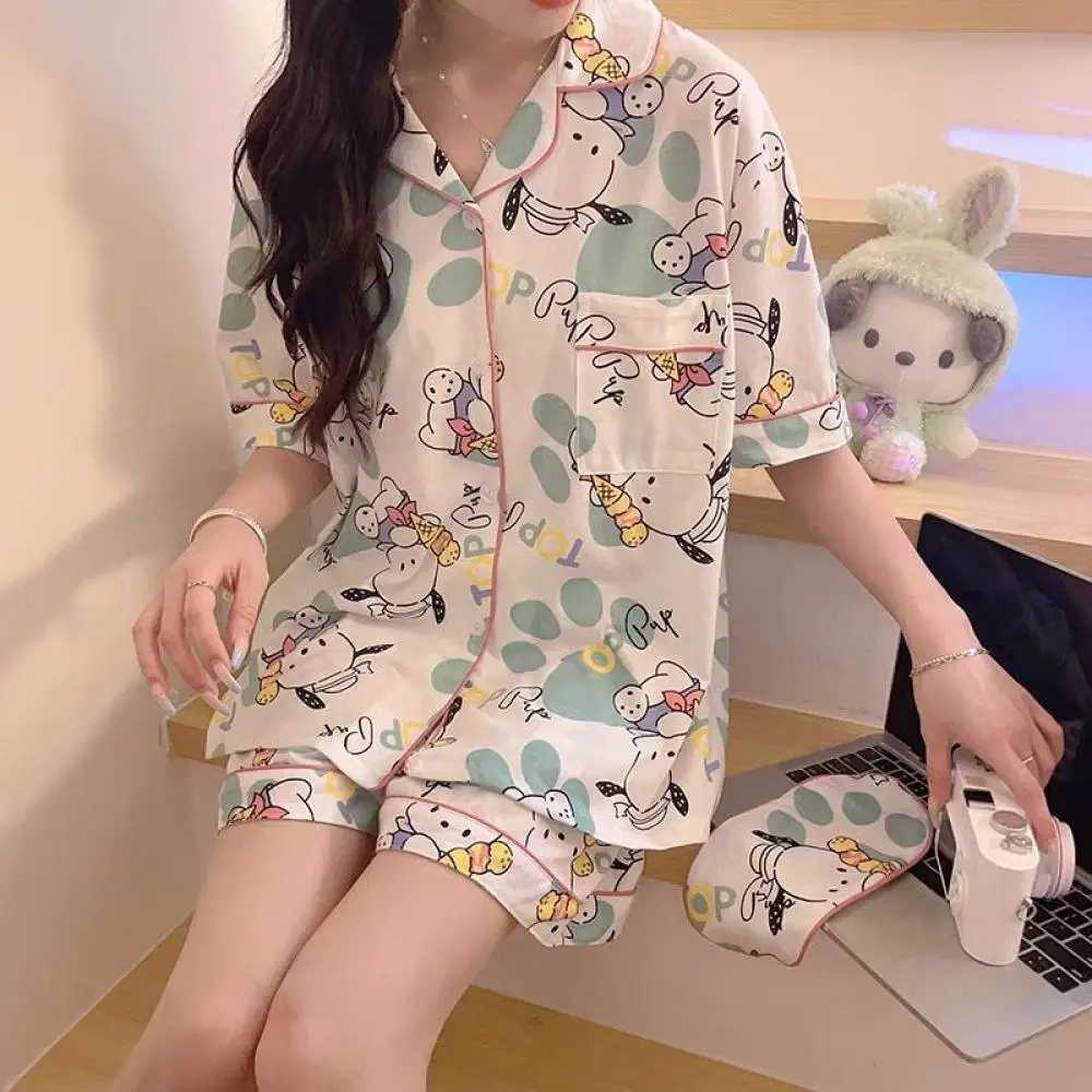 Anime Pochacco-Pyjama d'été pour femme, 2 pièces, t-shirt à manches courtes, short, vêtements de détente, section fine, doux, imbibé de Sanrioed Kawaii