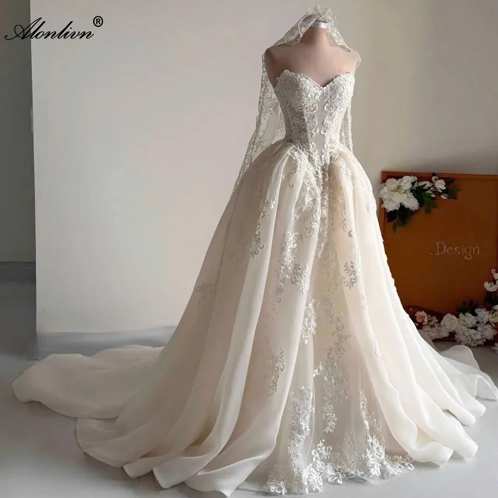 

Alonlivn Exquisite Lace Sweetheart A-Line Bride Dresses Off The Shoulder Elegant Tulle Appliques Wedding Gowns