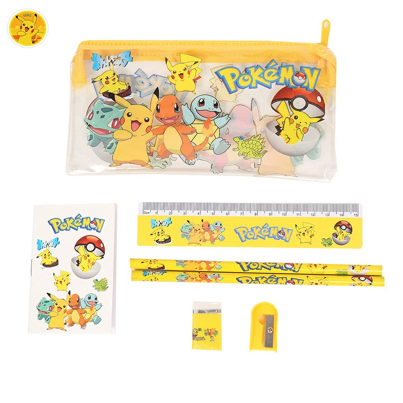 New Anime Pokemon Pikachu Student Stationery Set Pencil Case Pencil Ruler Eraser Pencil Box Stationery Set Birthday Gift