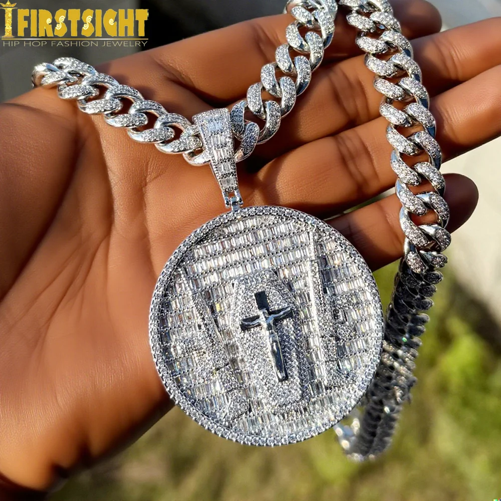 New Gun Jesus Pendant Necklace Iced Out Bling Gold Silver Color Rectangle CZ Cross Round Charm Men Hip Hop Jewelry