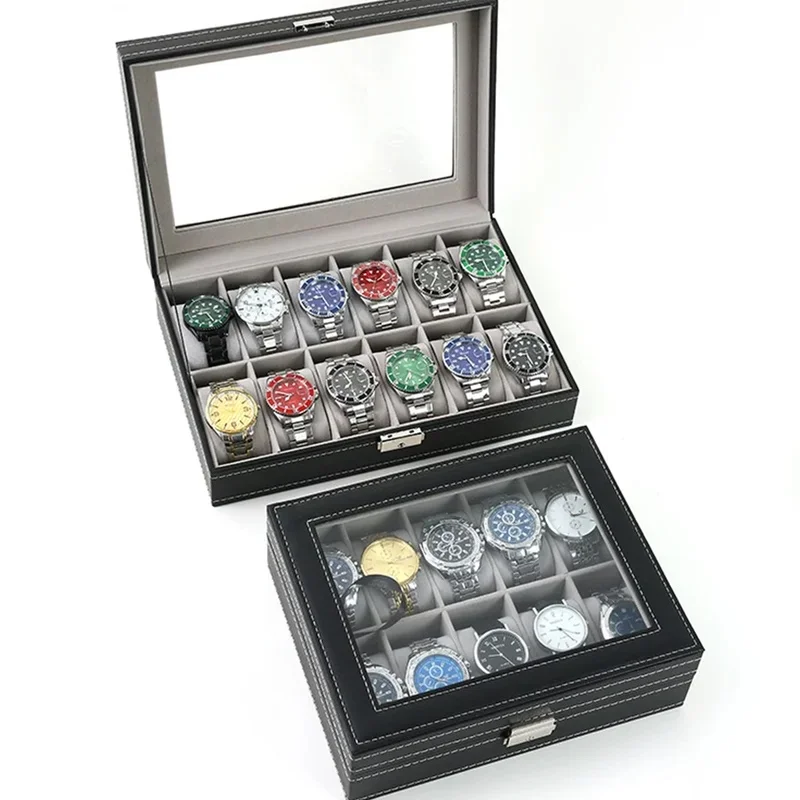 PU Leather Display Box with Multiple Compartments for Men's Watches and Jewelry Storage, Glass Lid Organizer with 2-12 Slots