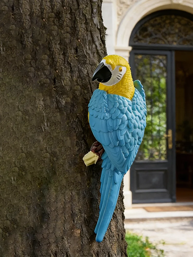 Simulierte blaue Papageien-Baumhängestatue, kreative Vogelskulptur, Outdoor-Garten- und Hofdekoration, tropische Vogel-Geschenkfigur – Detail 5