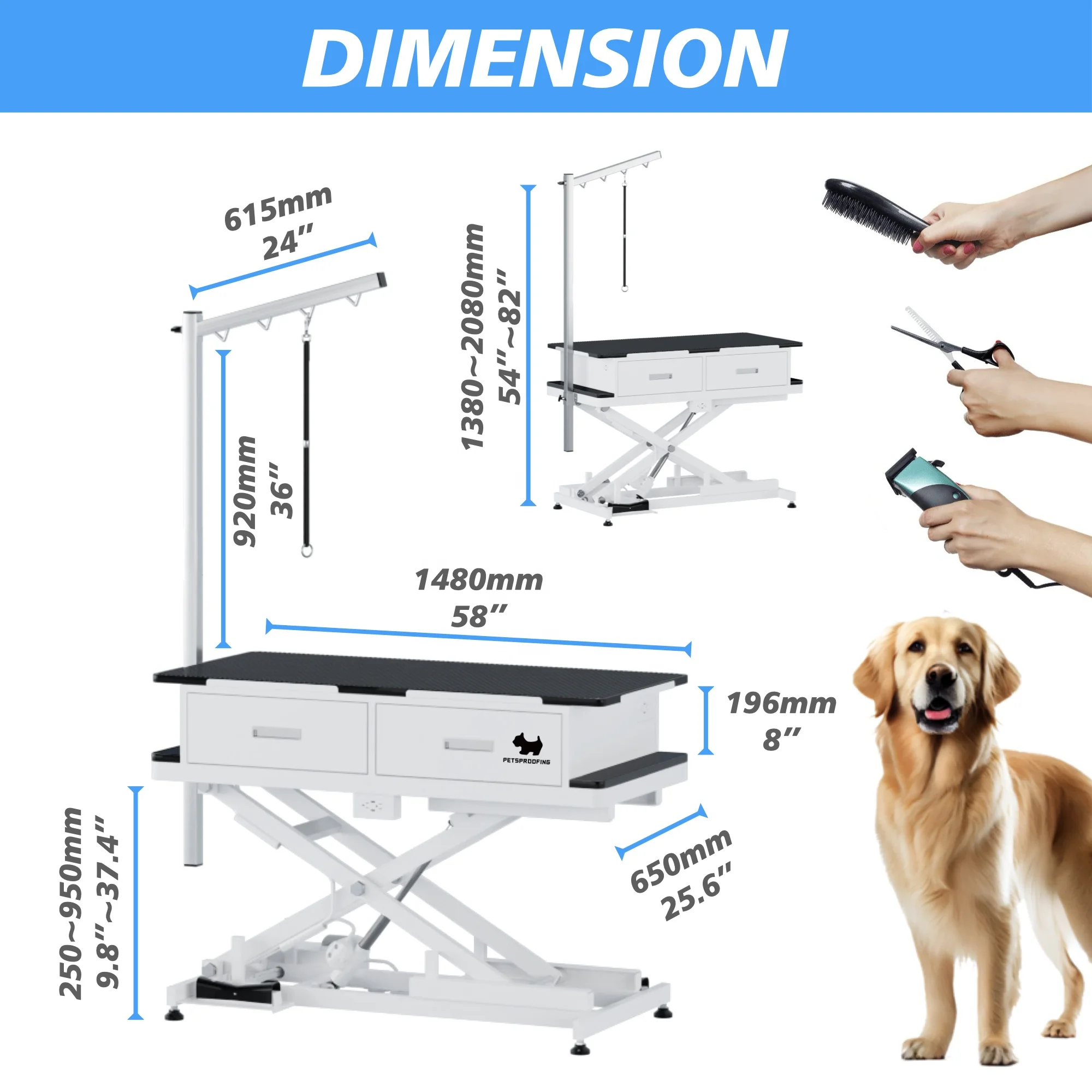 Portable USB Socket Dog Grooming Table with Electric Lifting Folding Feature Double Side Drawers Hammock-for Pet Care