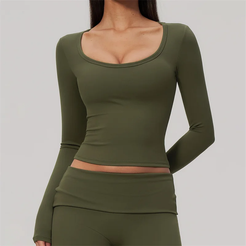 TRY TO BN Yoga Long Sleeve Top Round Neck Sports Fitness Waist Slimming Tight Pilates Training Running Workout Gym Woman Clothes