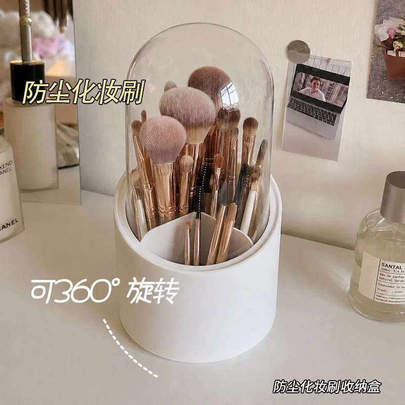 360 Rotating Dustproof Makeup Brush Holder Cosmetic Storage Box With Clear Cover Vanity Desktop Organizer Eyebrow Pencil Holder