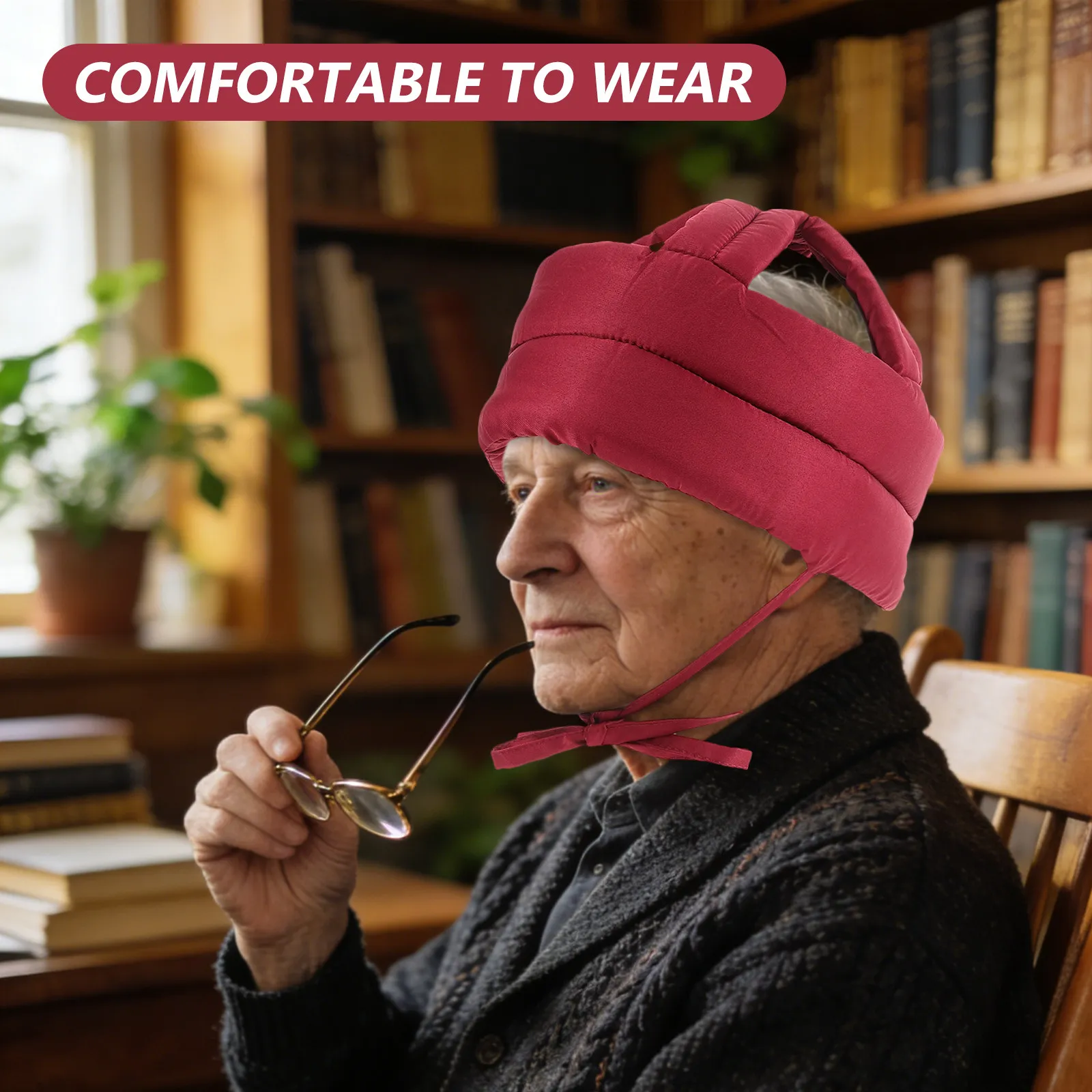 Senior Safety Red Soft Padded Head Protector Thick Impact Resistant Adult Adjustable Chin Strap Balance Disorder Fall