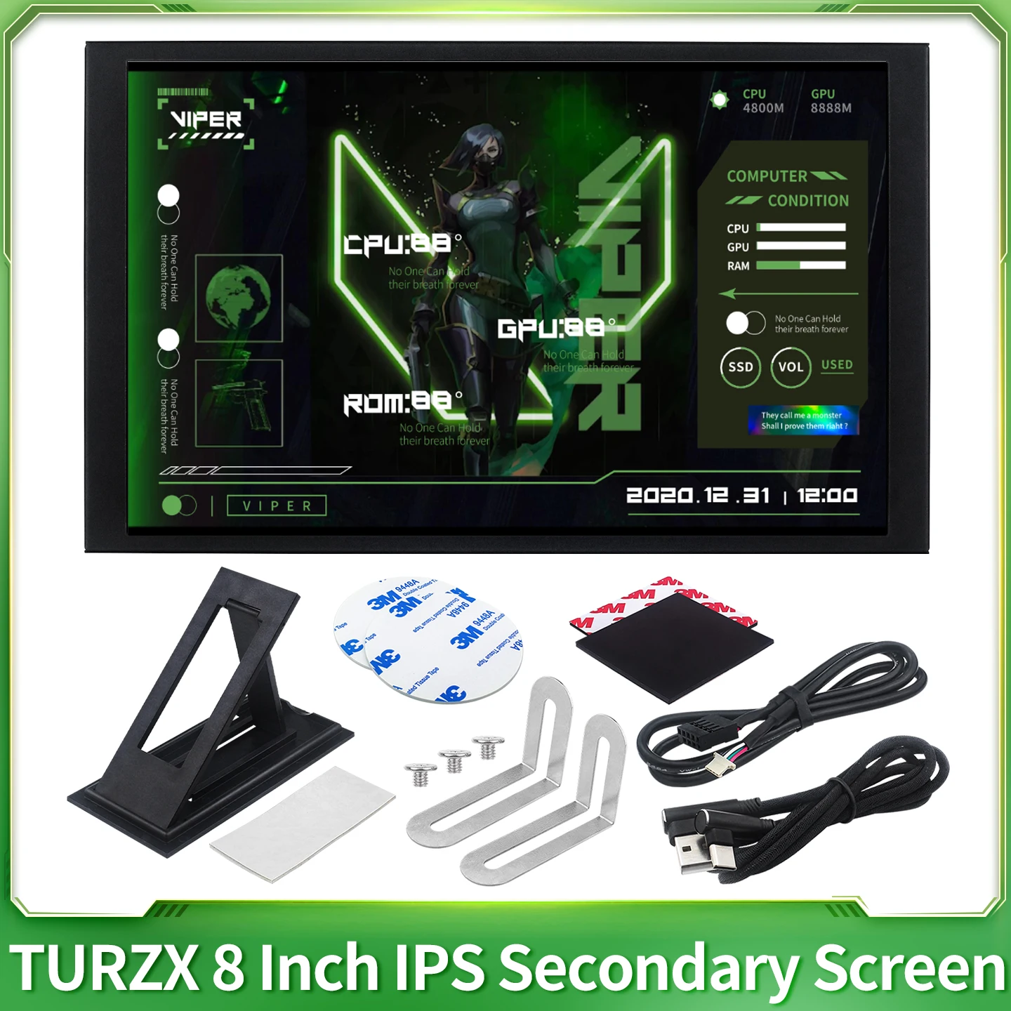 TURZX 8 Inch Secondary Screen 1280x800 IPS Display Desktop Modes Expansion Screen CPU GPU RAM Computer Monitor for Windows 10 11
