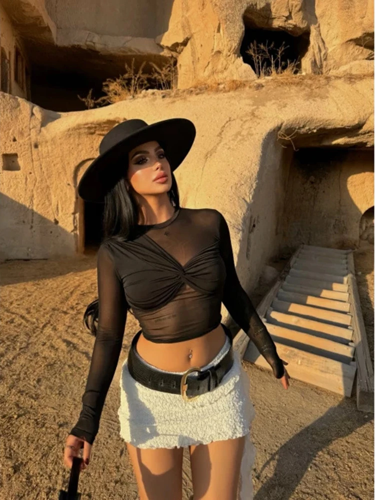 تي شيرت نسائي قصير شبكي موضة 2026 مثير شفاف بياقة دائرية وأكمام طويلة ملابس خروج نسائية Y2K #5