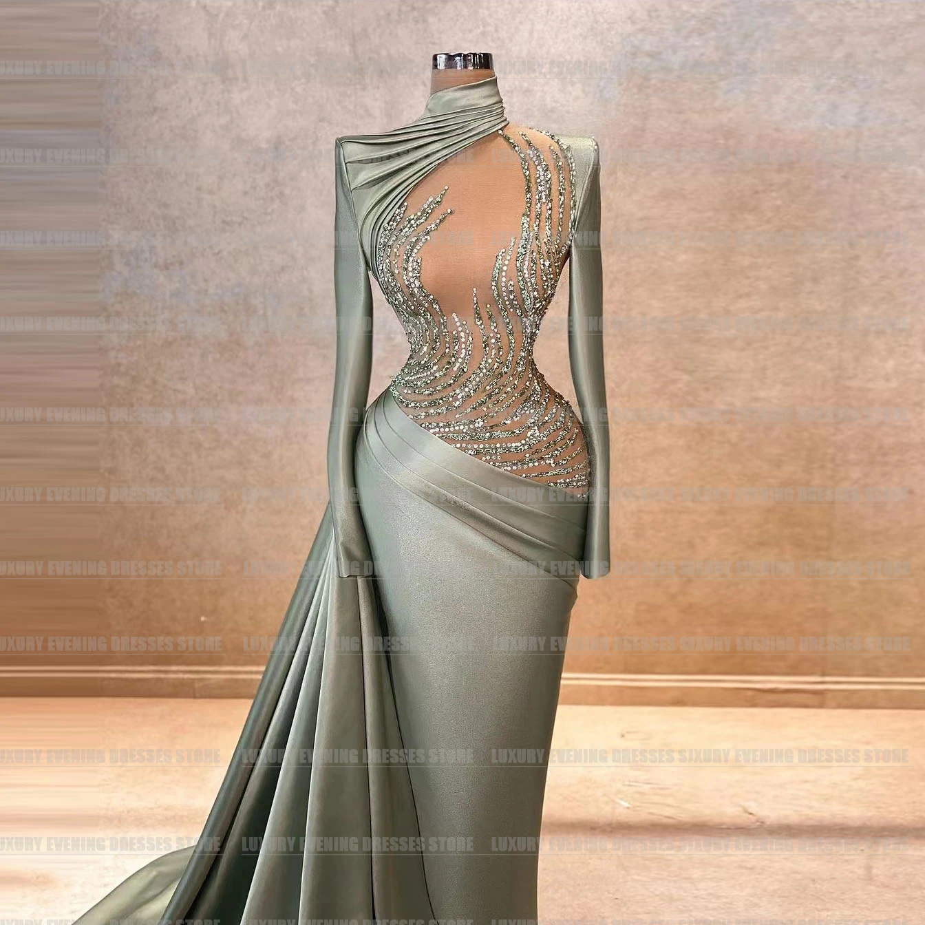 Luksusowe suknie wieczorowe Mermaid Woman's Satin Shining High Neck Long Sleeve Formal Prom Gowns Vestidos فساتين سهره Customized
