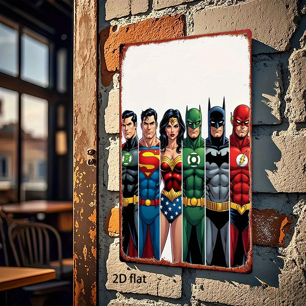 قطعة واحدة من لافتة ديزني المعدنية الرجعية - سوبرمان باتمان فلاش للرجال فانوس أخضر ووندر وومان هيرو كومبو، فن جداري حديدي عتيق للمنزل