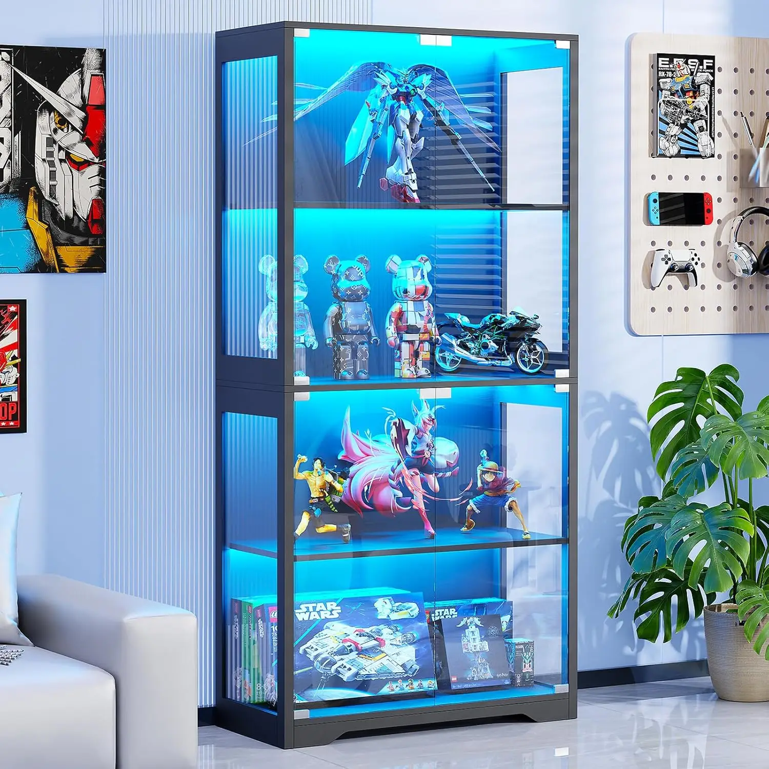 

Display Cabinet with Glass Doors, with 3 Color Light, 4-Tier Curio Cabinet&Bookcase for Collectibles, Toys, Books,Black