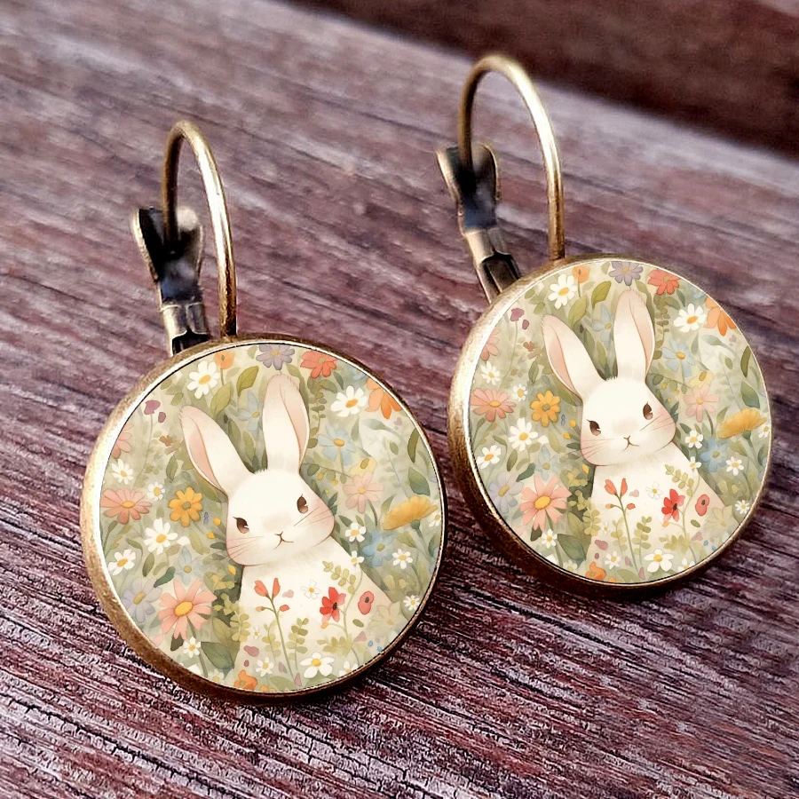 2024 New Painting Rabbit Earrings Cute Rabbit Animal Glass Cabochon Handmade Women\'s Jewelry Earrings I love little rabbits