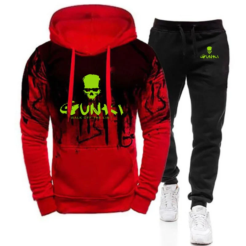 2025 Spring And Autumn Man's Gunki Logo Print Gradient Color Drawstring Hooded Hoodies+Sweatpants Sports Comfortable Slim Sets