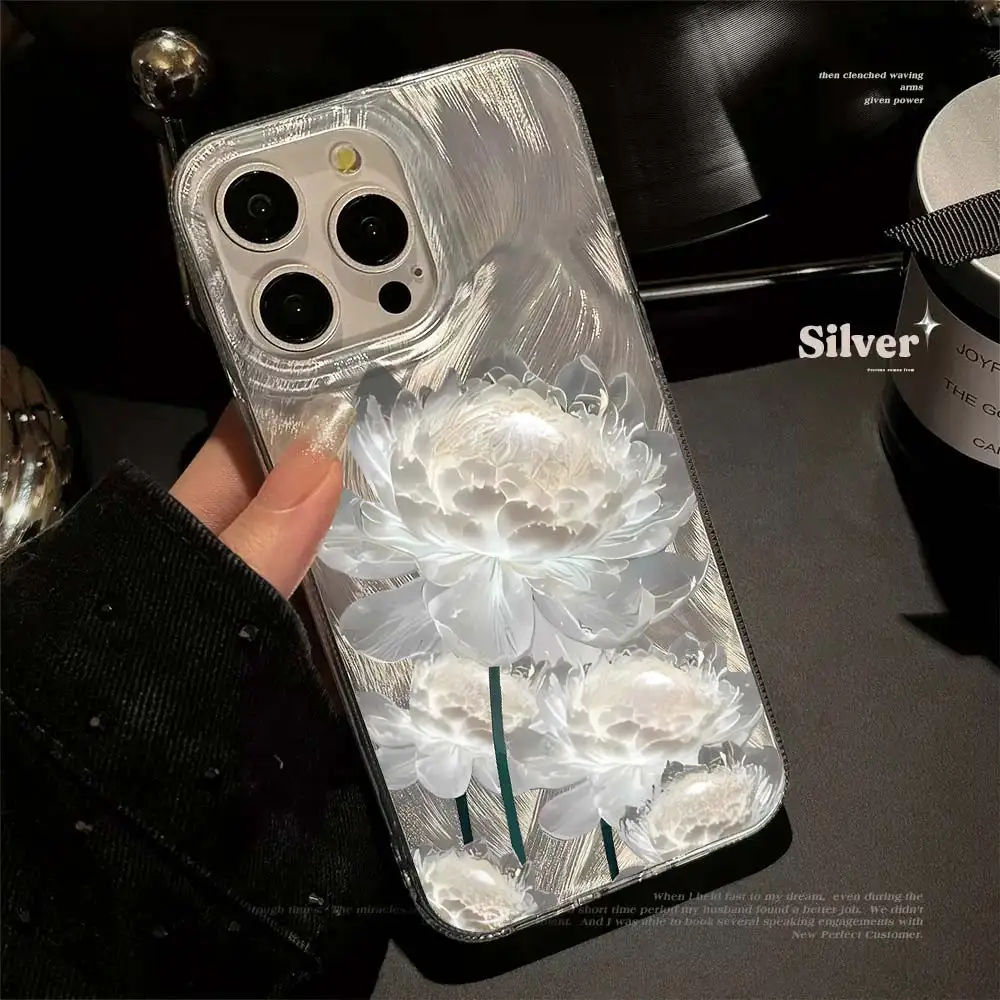 3D Lotus Flower Silver Phone Case For Samsung Galaxy S26 Ultra S25 S22 S21 S24 FE A16 A15 A26 A34 A55 A54 A56 A36 A33 A26 CoverD