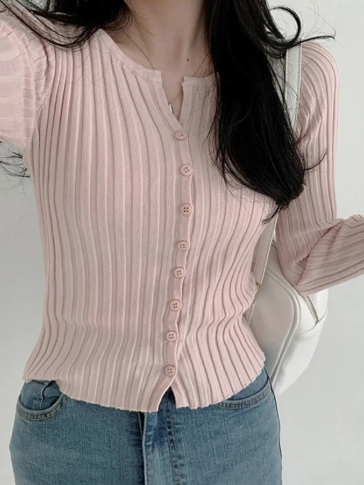 2023 Autumn Y2k Women Clothing Cropped Cardigan Jackets Vintage Pink Sueter Mujer Fashion Tunic Knitting Sweater Tops Pull Femme