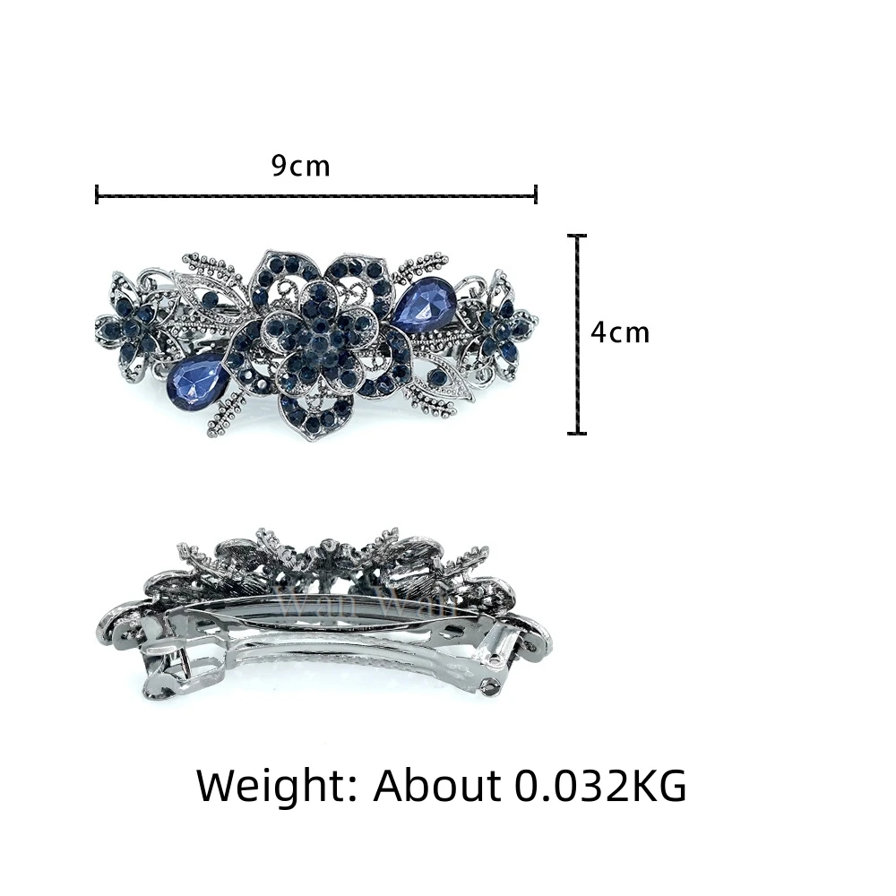 Royal Blue Spring Hair Clip Women\'s Rhinestone Hairpin Black Flower Hair Accessories Retro Style Ponytail Hair Barrette Y0517