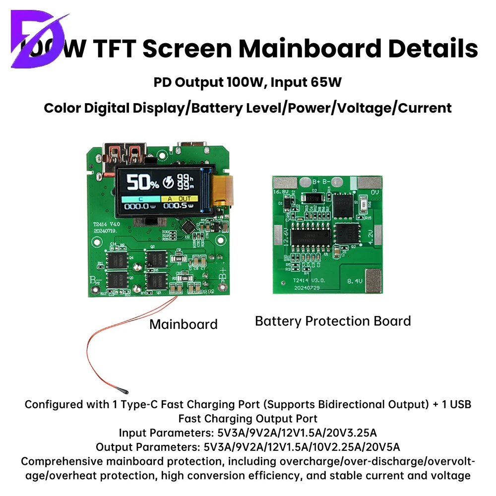 High-Power PD 100W Fast Charging Module 4S Battery Protection Board TFT Color Screen Digital Display Power Bank Mainboard