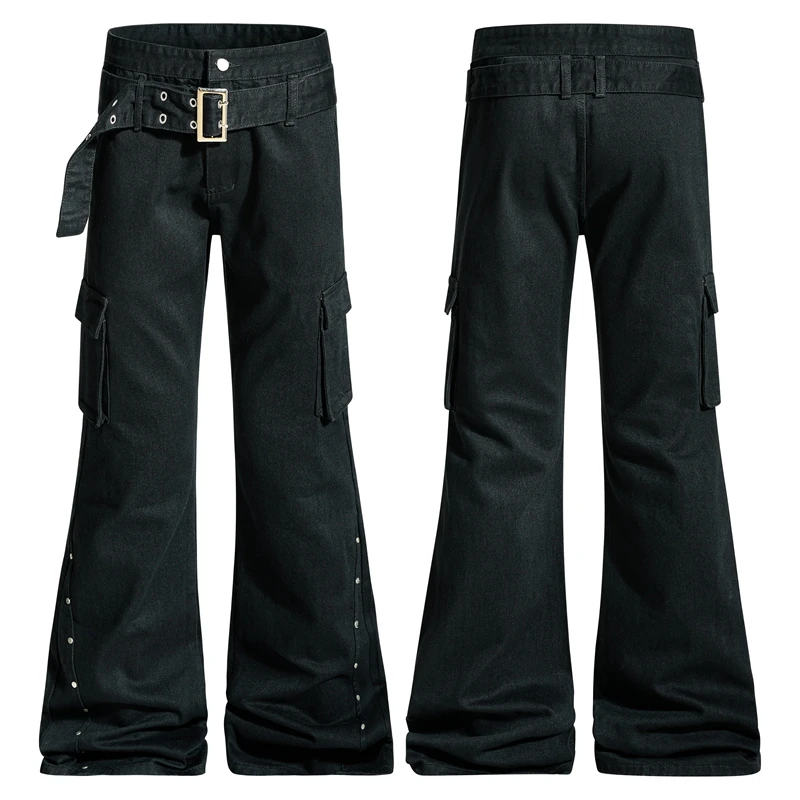 Herren Punk Hip Hop Lace Up Jeans Ausgestellte Motorrad Streetwear Y2k Big Belt Schwarz Cargo Bootcut Jeans Relaxed Fit Flare Hosen – Detail 4