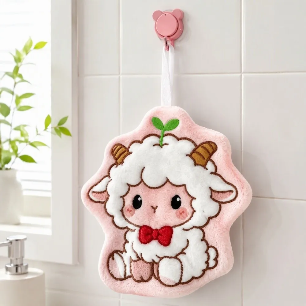 Creative Cute Hanging Hand Towel Kawaii Coral Velvet Cartoon Sheep Hand Towel Thickened Quick Drying lamb-shaped Handkerchief