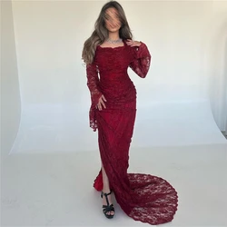 Tarot Burgundy Red Lace Mermaid Prom Dresses Side Split Long Sleeves Pleated Dinner Party Dress Floor Length Saudi Evening Gowns