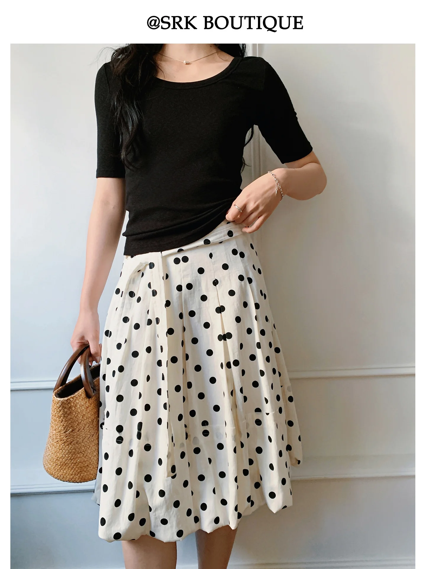 

SRK Retro Polka Dot A-Line Midi Skirt High Waist Loose Slimming Versatile Pleated Flower Bud Skirt Breathable Skin-Friendly