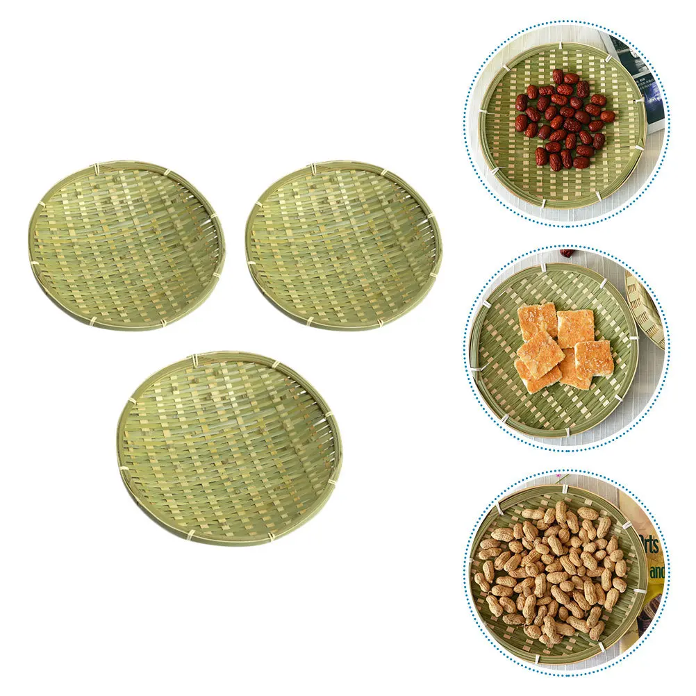 

3Pcs Bamboo Woven Round Storage Basket Eco Friendly Food Tray Snack Holder Decorative Fruit Container Kitchen Supply