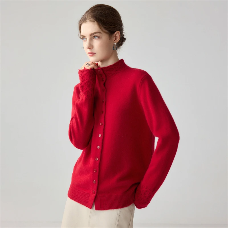 Women's 100% Pure Cashmere Knit Sweater, Crewneck Long Sleeve Casual Layering Thick Jacket with Cable Knitting at the Collar and