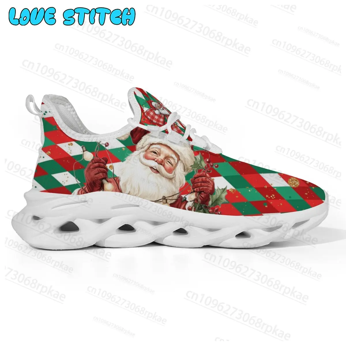 Unisex Retro Santa Image Red Green Argyle Plaid Christmas Sneakers Hot Selling Trendy Christmas Non-slip Shoes Products
