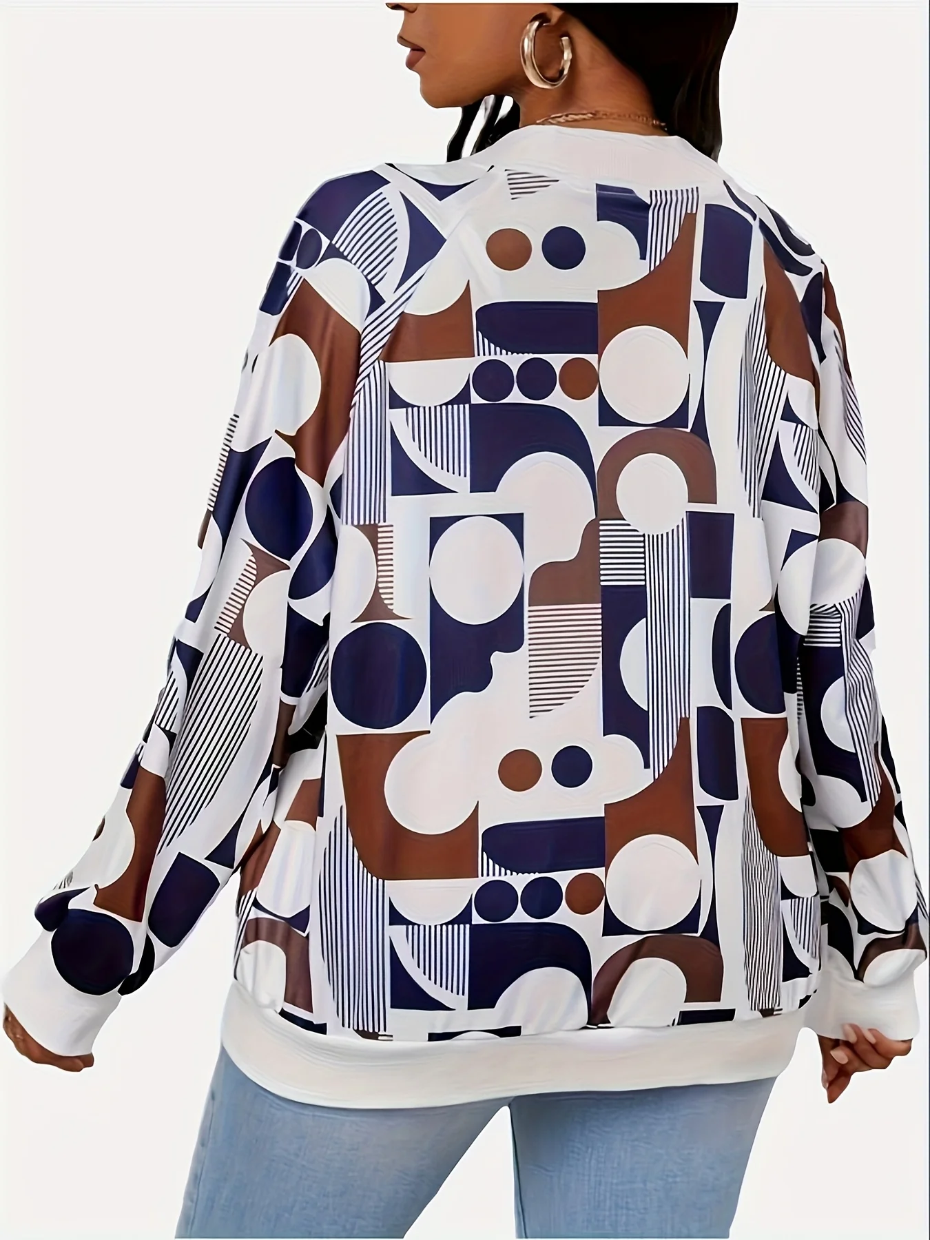 Modna damska kurtka z geometrycznym wzorem, kołnierz w stylu baseballowym, lekka odzież wierzchnia na co dzień, elegancki styl na wiosnę i jesień.