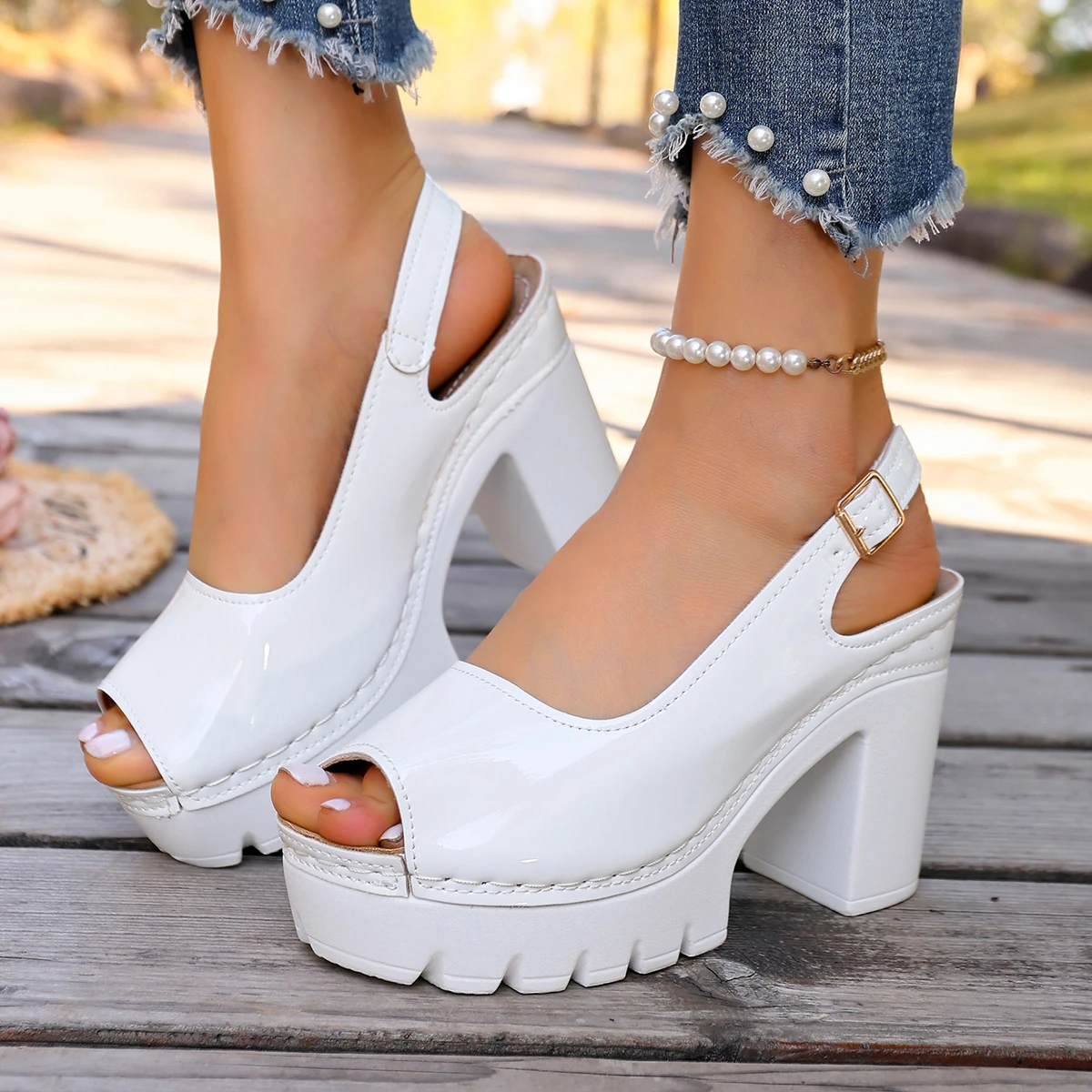 2025 New Women Sandals Summer Round Toe Open Toe Sandals One Word Buckle Soft Sole Shoes Block Heel Fish Mouth High Heels Shoes