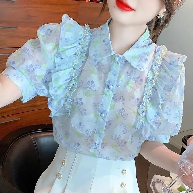 Summer Women Beading Short Sleeve Printed Shirt Vintage Blouse 2026 Female Korean Version of Sweet Ruffled Shirt Exquisite Top