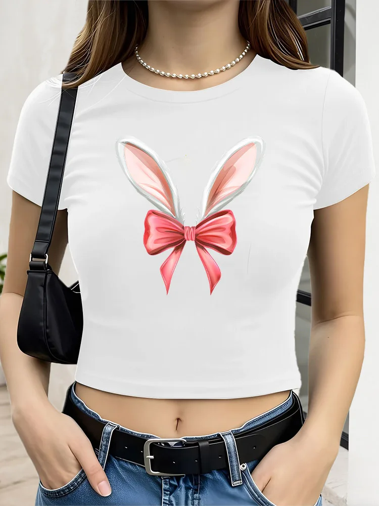 

Easter Ear Whispers Women's Graphic Crop Top Slim Fit Short Sleeve T-Shirt Casual Streetwear Tee for Spring Summer