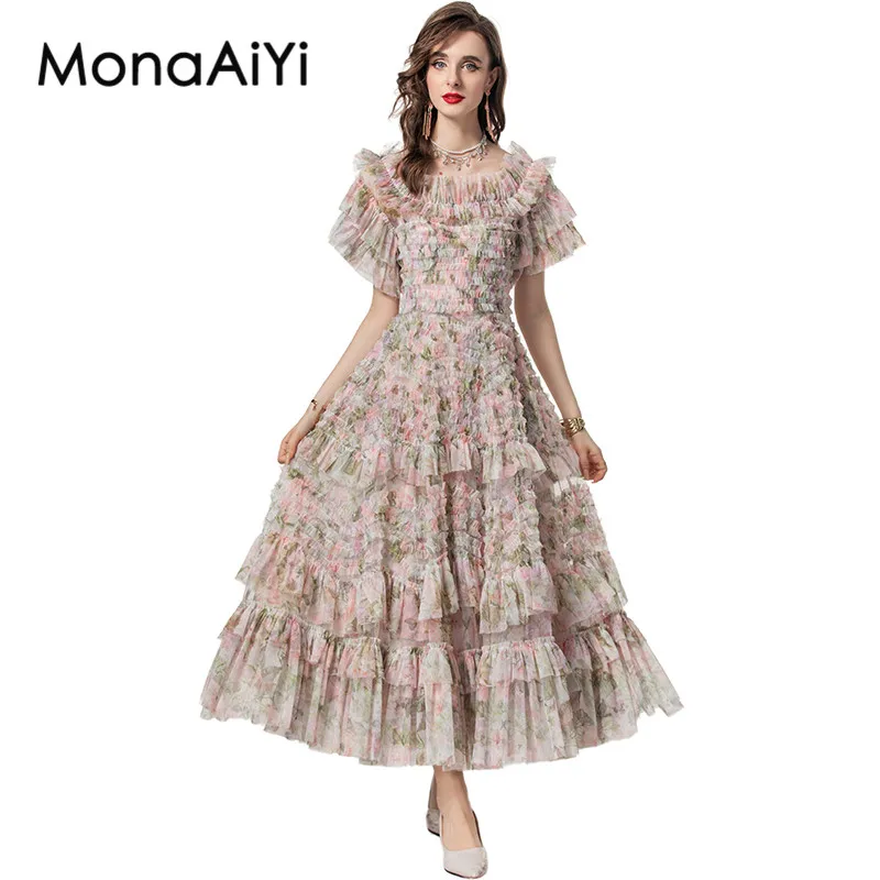 MonaAiYi Fashion Summer Women's Ball Gown dress Butterfly sleeve Mesh Tiered Ruffles Backless Elegant Floral Mixi Dresses