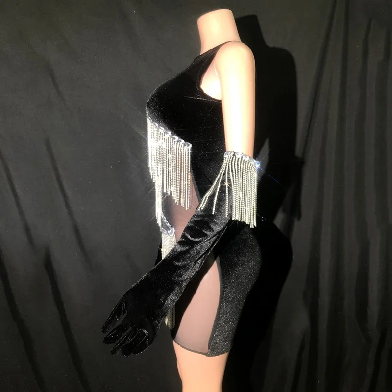 Velvet Mesh Patchwork Tassel Dress Women Birthday Celebrate Costume Party Prom Evening Dresses Stage Performance Wear XS7402