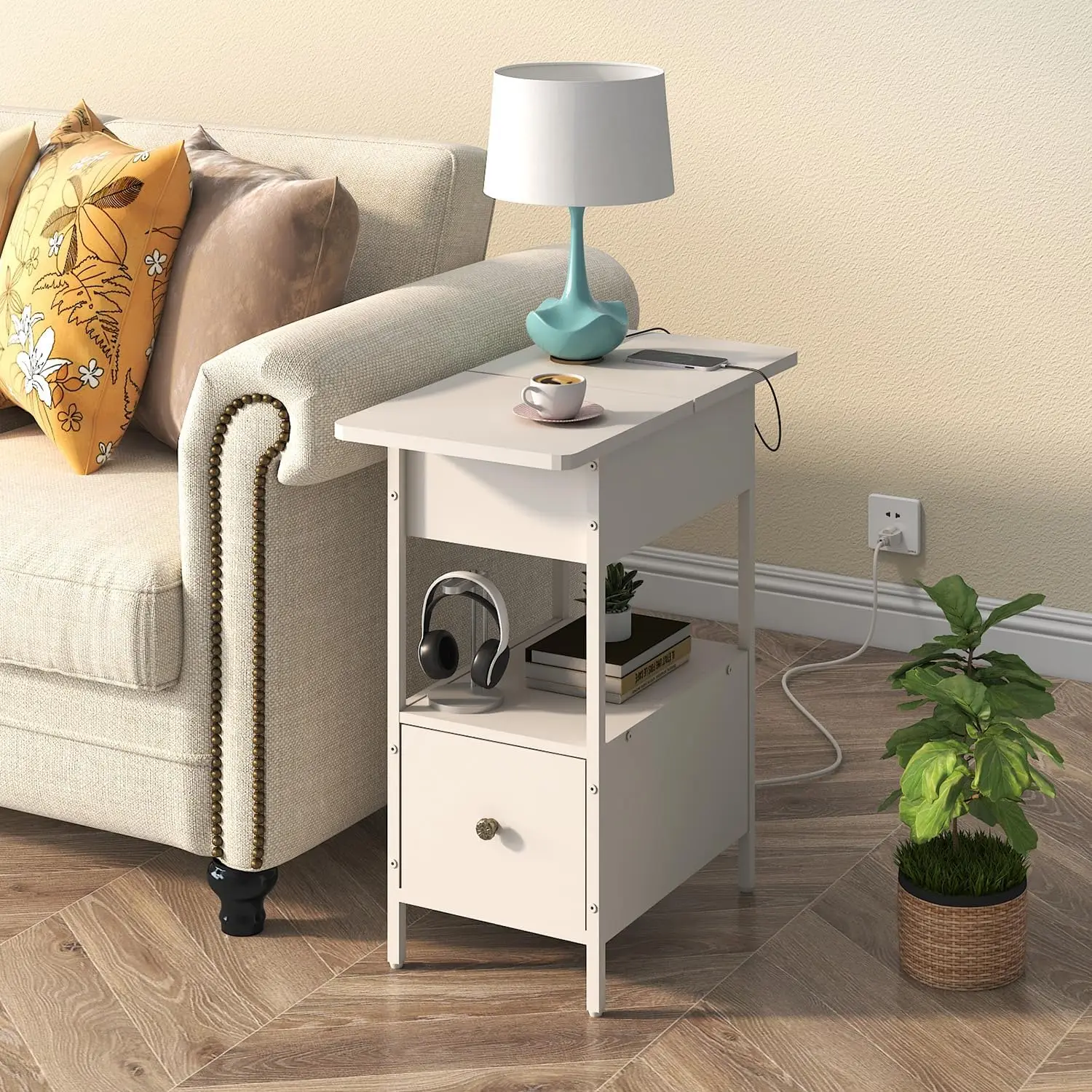 End Table with Charging Station, Narrow Side Table with Flip Top Cabinet and Fabric Drawer, Nightstand Bedside Tables  White