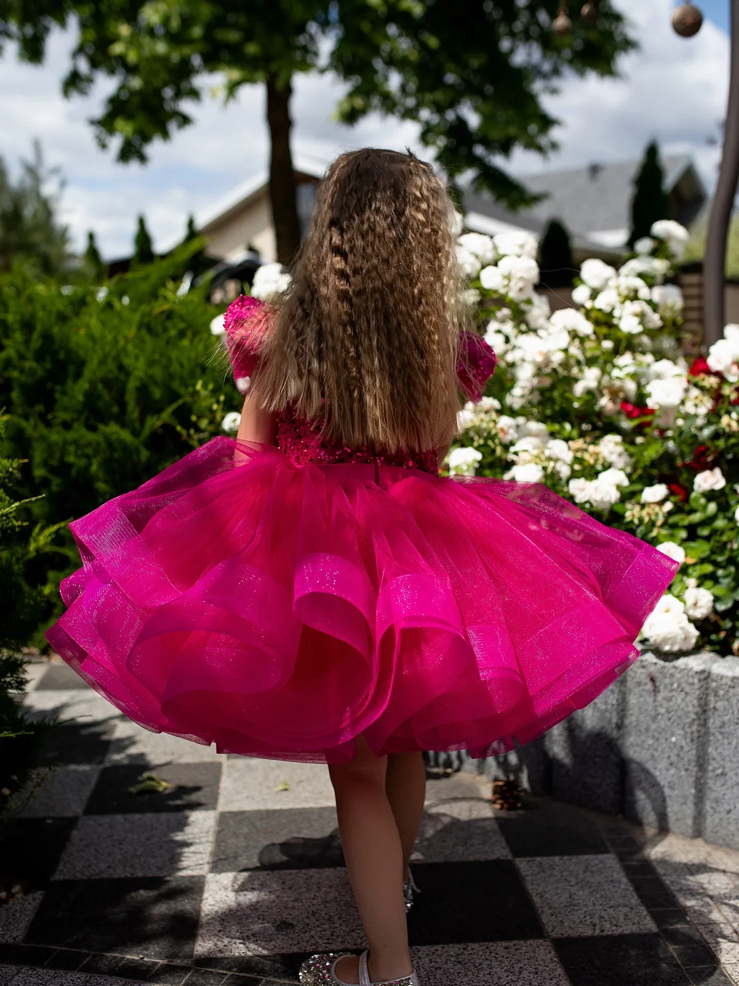 فستان فتاة الزهور للأطفال لحفلات أعياد الميلاد، فستان وردي ساخن للأطفال الصغار، فستان قصير مزين بالترتر، طول الركبة، أكمام قصيرة متدرجة #3