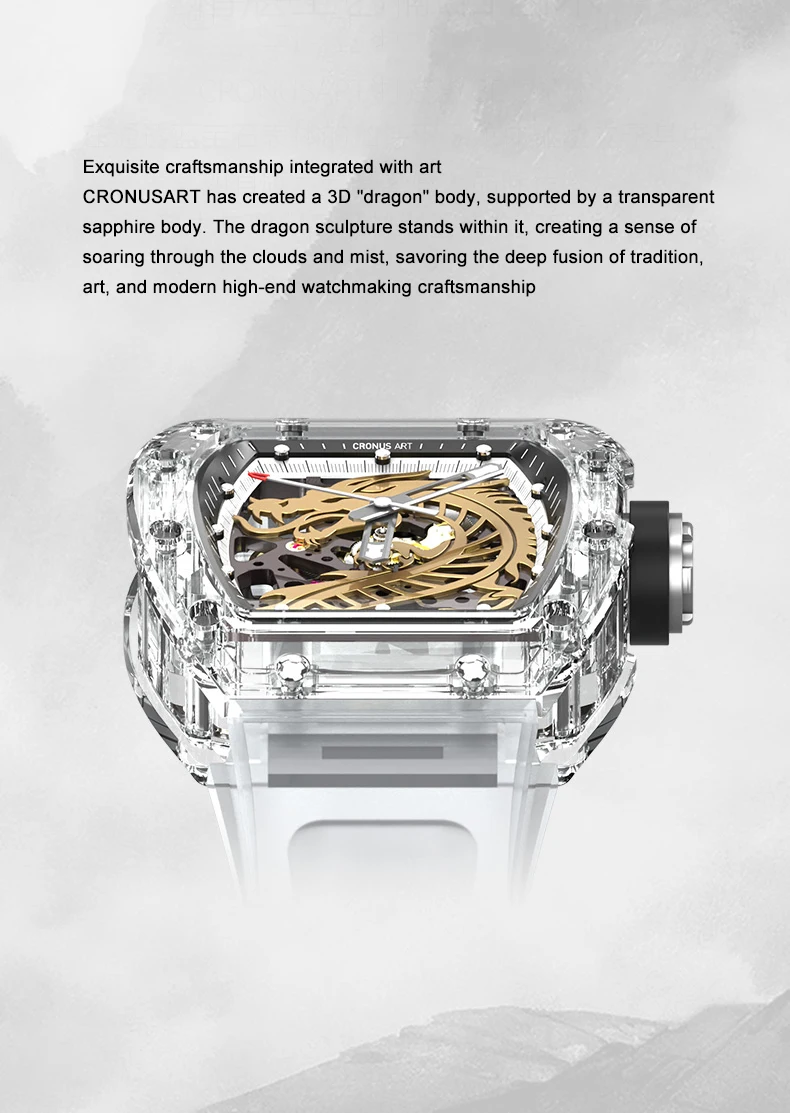 CRONUSART Men Automatic Watch 50mm Tonneau Mechanical Wristwatch Sapphire Case Luminous Fluororubber Strap Dragon Dial