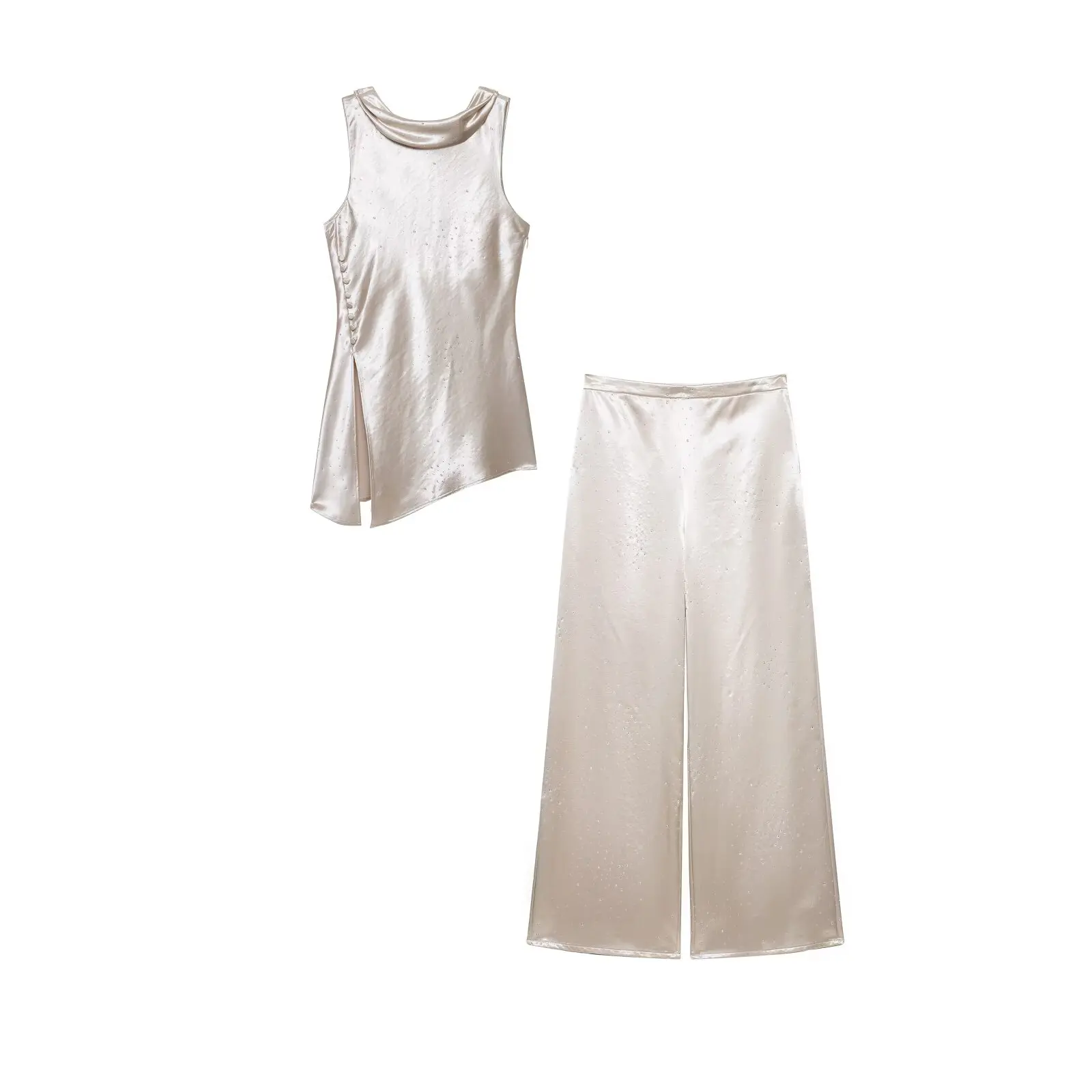 Shpmishal Fashion Pant Suit for Women Rhinestone Embellished High-end Sleeveless Top Straight Pants Elegant Shinny 2pcs Set