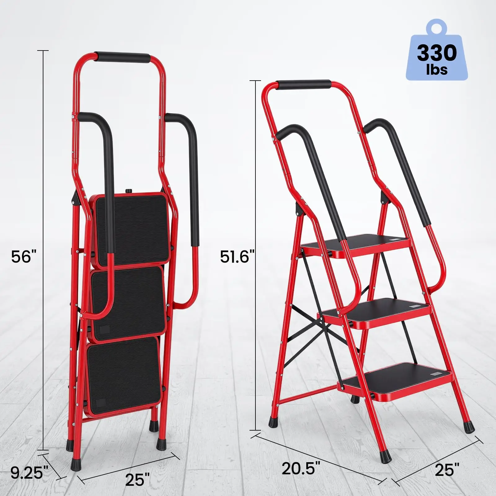 Step Ladder 3 Step Folding with Handrails, Folding Step Stool with Wide Anti-Slip Pedal, Sturdy Steel Portable Ladder