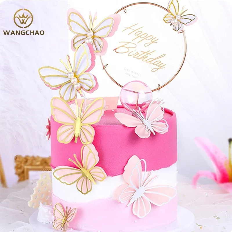 Pearl Butterfly Cake Topper Happy Birthday Romantic Wedding Baby Shower Baking Decoration Party Favors