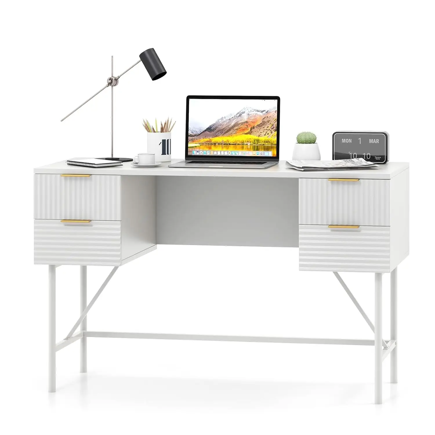 Modern Desk with 4 Drawers, 48 Inch Computer Desk, Gold Metal Frame, Vanity Dressing Table, White & Gold for Bedroom Office, Cus